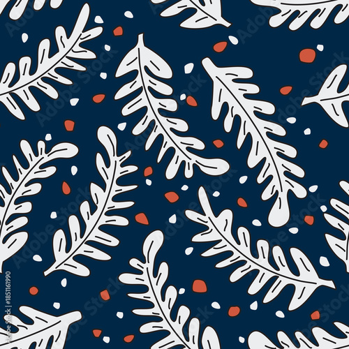Seamless blue, white and red vector pattern with leaves, tile background. Merry and Bright  Holiday universal abstract creative artistic templates with Christmas  floral backgrounds