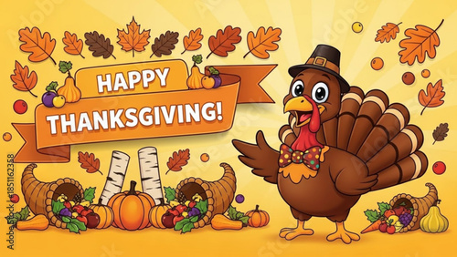 Happy Thanksgiving cartoon turkey with cornucopias pumpkins and autumn leaves festive holiday illustration for celebration