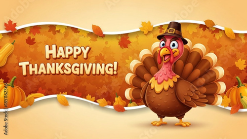 Happy Thanksgiving cartoon turkey with pumpkins and autumn leaves festive holiday greeting for seasonal celebration isolated on orange backgrou