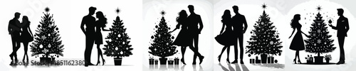 vector silhouette happy couple celebrating Christmas in front of the Christmas tree