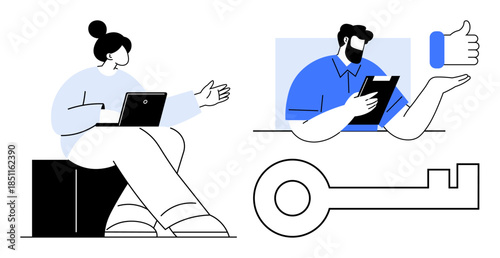 Teamwork, digital communication, data protection, online collaboration, cybersecurity, user feedback. Two individuals with devices, key icon and thumbs-up. Digital communication and data protection