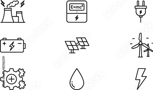 Power generation line icons set, electricity battery solar wind plug lightning symbols, renewable energy technology concept, CAD drawing flat vector illustration