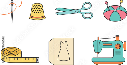Sewing and tailoring tools flat vector illustration set including needle thread scissors machine accessories for fashion craft cad drawing