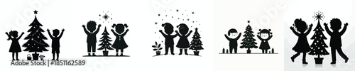 vector silhouette happy children celebrating Christmas in front of the Christmas tree