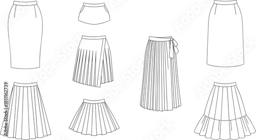 Women skirt line illustration set, pencil pleated wrap mini midi designs, fashion clothing technical drawing, apparel collection, CAD drawing flat vector illustration