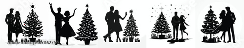 vector silhouette happy couple celebrating Christmas in front of the Christmas tree