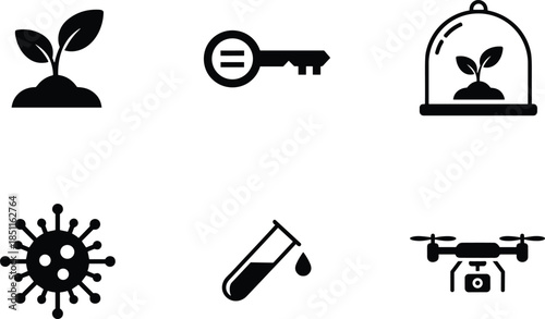 Biotech icon set, plant growth, key, virus, test tube, drone, dome protection, agriculture tech, vector, flat, minimal, outline, innovation