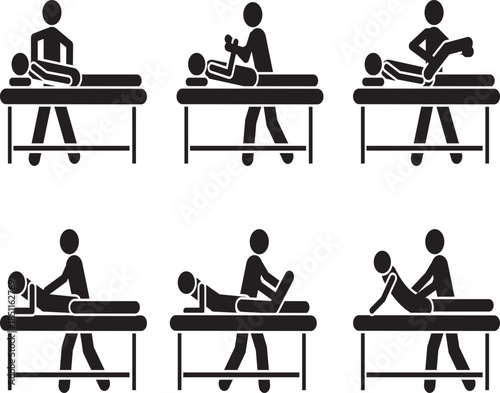 Black vector icon set showing massage therapy sessions with therapist and client on massage table, illustrating body treatment, relaxation, wellness, and physical therapy concepts