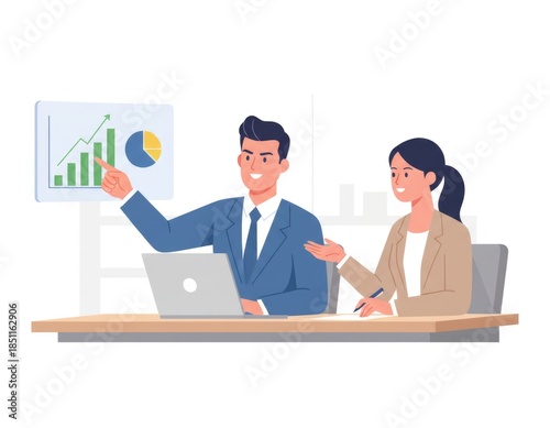 Business Meeting with Data Presentation - Flat Vector Illustration