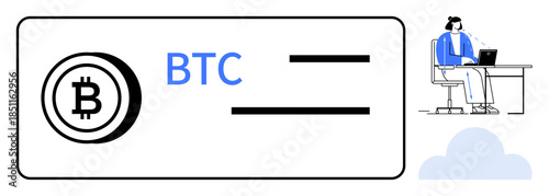 Bitcoin and cryptocurrency. Bitcoin symbol and remote work setup, highlighting the use of cryptocurrencies in online transactions. Bitcoin for digital payments, fintech apps, e-commerce, blockchain