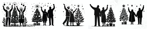 vector silhouette happy old couple celebrating Christmas in front of the Christmas tree