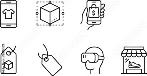 Ecommerce shopping line icons set, mobile store price tag payment vr retail symbols, online business 