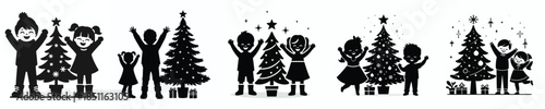 vector silhouette happy children celebrating Christmas in front of the Christmas tree