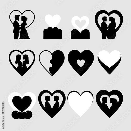 Couple Silhouettes in Heart Shapes, Love and Romance Vector Art