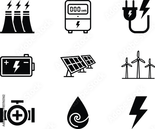 Energy electricity line icons set, power meter plug battery solar wind hydro symbols, renewable industry concept, CAD drawing flat vector illustration
