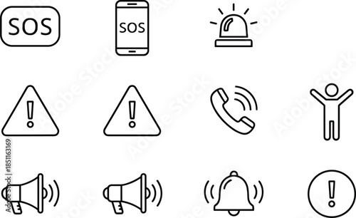 Emergency alert and warning icons flat vector illustration set including sos alarm phone notification symbols for safety design cad drawing