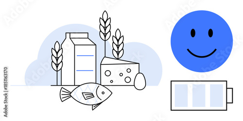 Healthy eating. Healthy eating ed by food thumbs up milk, grains, cheese, fish, and an egg. A full battery and smiling face energy and wellness. For nutrition, sustainability wellness health
