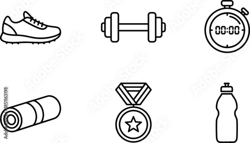 Fitness sport line icons set, shoe dumbbell stopwatch bottle medal mat symbols, workout training equipment, CAD drawing flat vector illustration