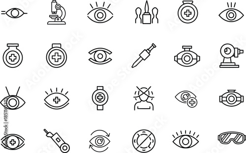 Ophthalmology line web icon set, containing design Eye, Glasses, Contact Lens, contain icons related to medical eye care, medical eye care, optometry and vision correction vector symbol