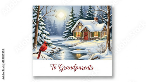 Watercolor Christmas Winter Cottage Scene with Winter Bird Snowy Forest and Moonlit River