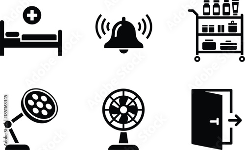 Hospital equipment icon set, bed, alert bell, supply cart, surgical lamp, fan, exit door, medical tools, vector, 