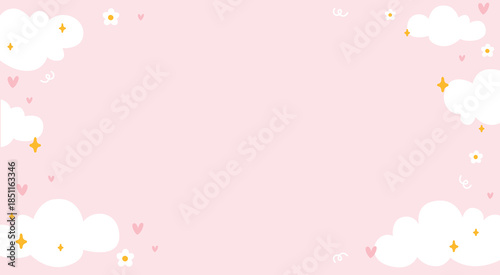 Whimsical horizontal background with white clouds daisy flowers and stars. Minimalist doodle style for nursery website banners baby shower greeting cards or children book packaging