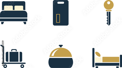 Hotel and hospitality service icons flat vector illustration set including room key luggage bell bed 