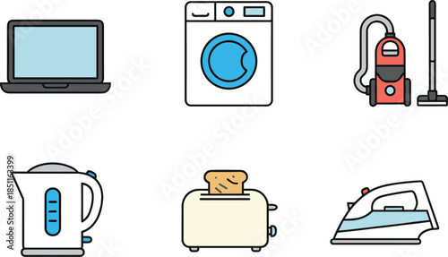 Household appliances icon set, laptop, washing machine, vacuum cleaner, kettle, toaster, iron, home 