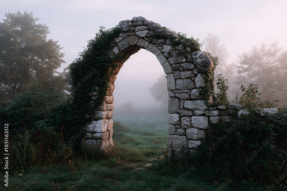 Obraz premium Ancient stone archway covered in lush green vines stands amidst a foggy landscape, creating a mystical atmosphere and inviting exploration of nature's beauty