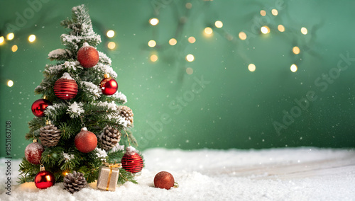 A Christmas tree with red balls and pine cones on the ground. The tree is surrounded by snow and lights