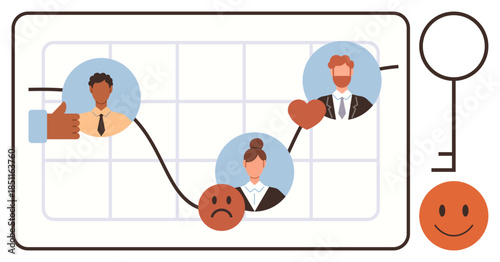 Human portraits on a line graph linked with icons thumbs up thumbs-up, heart, and key reflect emotional progress. Ideal for teamwork, emotional intelligence, relationships, growth, motivation