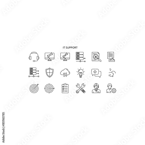 The icons represent various aspects of technical assistance and infrastructure. Key symbols include a headset