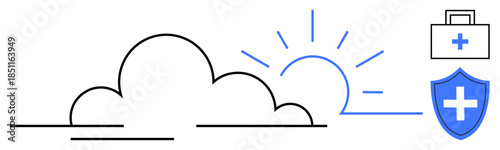 Health, wellness, recovery, protection, medical care, prevention. Sun and cloud with a medical shield and first aid kit. Health and wellness through recovery and protection graphics