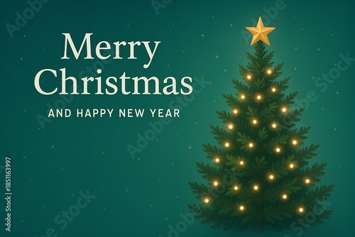 Merry Christmas and happy new year. A Christmas tree with a star on top. The tree is lit up with lights