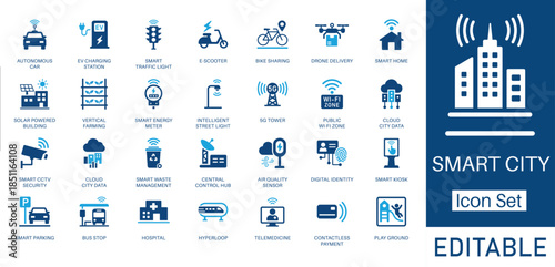 Smart City and Future Technology solid icon set. Contains symbols for Autonomous Car, 5G Tower, Drone Delivery, and Smart Home. Flat vector design for urban planning and IoT infrastructure.