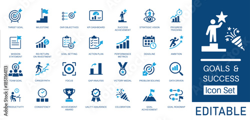 Goals and Business Success solid icon set. Includes symbols for Target Goal, Milestone, KPI Dashboard, and ROI. Solid vector icons for mission statement, performance metrics, and career growth.