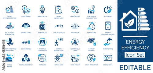 Energy Efficiency and Smart Home solid icon set. Featuring Smart Meter, Cost Saving, Insulation, and Net Zero. Solid vector icons for sustainable living, power consumption, and green technology.