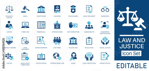 Law and Justice solid icon set. Includes symbols for Scales of Justice, Gavel, Cyber Law, and Anti-corruption. Solid vector icons for legal consultancy, court system, and regulatory compliance.
