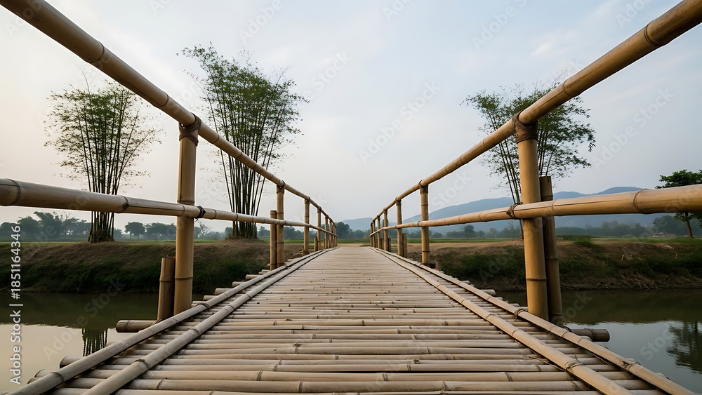 Naklejka premium Bamboo bridge spanning a tranquil river landscape