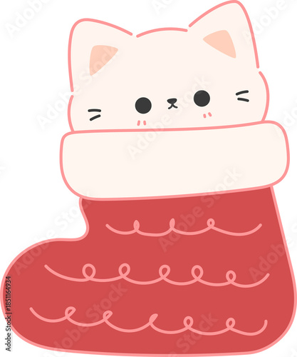 Cute White Cat in Christmas Stocking Cartoon Sticker for Kids, Kawaii Animal in Red Sock Festive Decoration