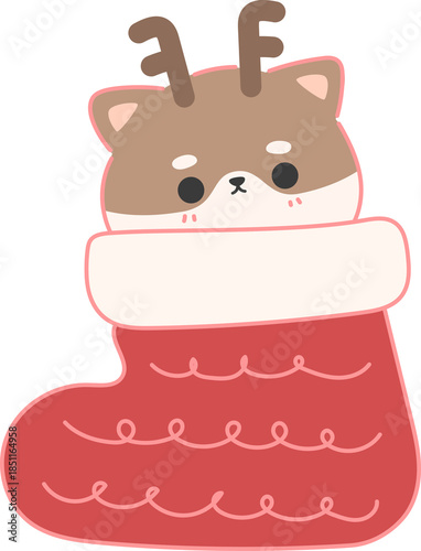 Cute Deer Fawn in Christmas Stocking Cartoon Sticker for Kids, Kawaii Animal in Red Sock Festive Decoration