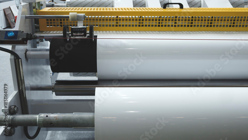 Fotografie Large industrial automatic machine for cutting and gluing PVC film on wood chipb