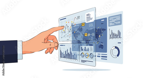 Hand interacting with a futuristic digital interface displaying financial charts, global data, and analytics for business insights.