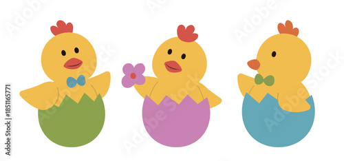 Easter Chick Sitting in Eggshells  Flat Vector Illustration Set.
Cute Spring Easter Chicken Clipart
White background.