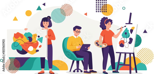 Diverse team of creative artists collaborating on modern visual design and digital illustration projects