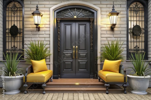 Elegant home entrance: dark ornate door, yellow chairs, green plants.