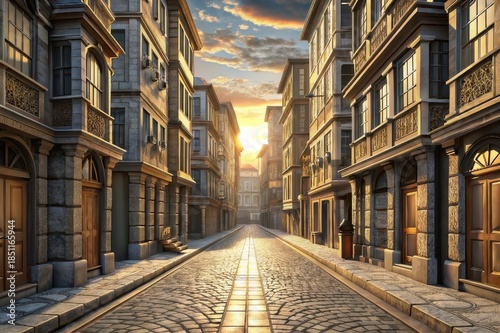 Warm light illuminates classic european cobblestone street view