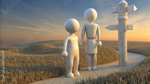 Two figures at a signpost, choosing a path in a field at sunset