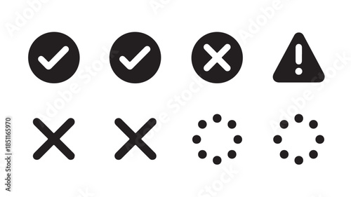 Set of black UI icons with checkmarks, crosses, and warning sign in simple flat design for web and mobile applications