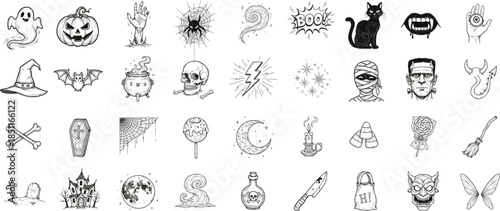 Halloween doodle icon set. Spooky hand drawn illustrations of ghosts, witches, skulls, magic symbols and horror elements.